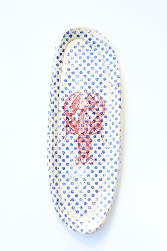 Handmade Ceramic Tray — Blue Polka Dot with Red Lobster Illustration