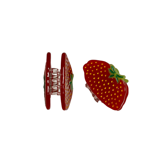 The Megaberry Mini Claws, two small red strawberry claws with yellow seeds and green leafy tops, one shown from the side with the clear spring visible and one from the front.