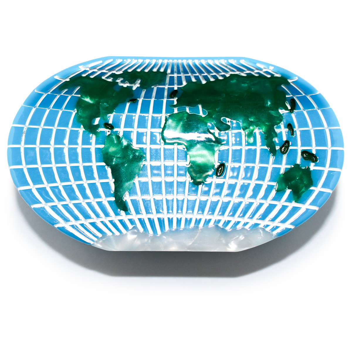 The World Map Hair Claw, an oval blue claw with a white grid of latitude and longitude lines and green marbled continents, shown closed from the front on a plain white background.